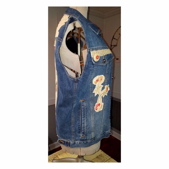 Boho Gypsy Vest Denim Jean Oversized Embroidered - Picture 4 of 8